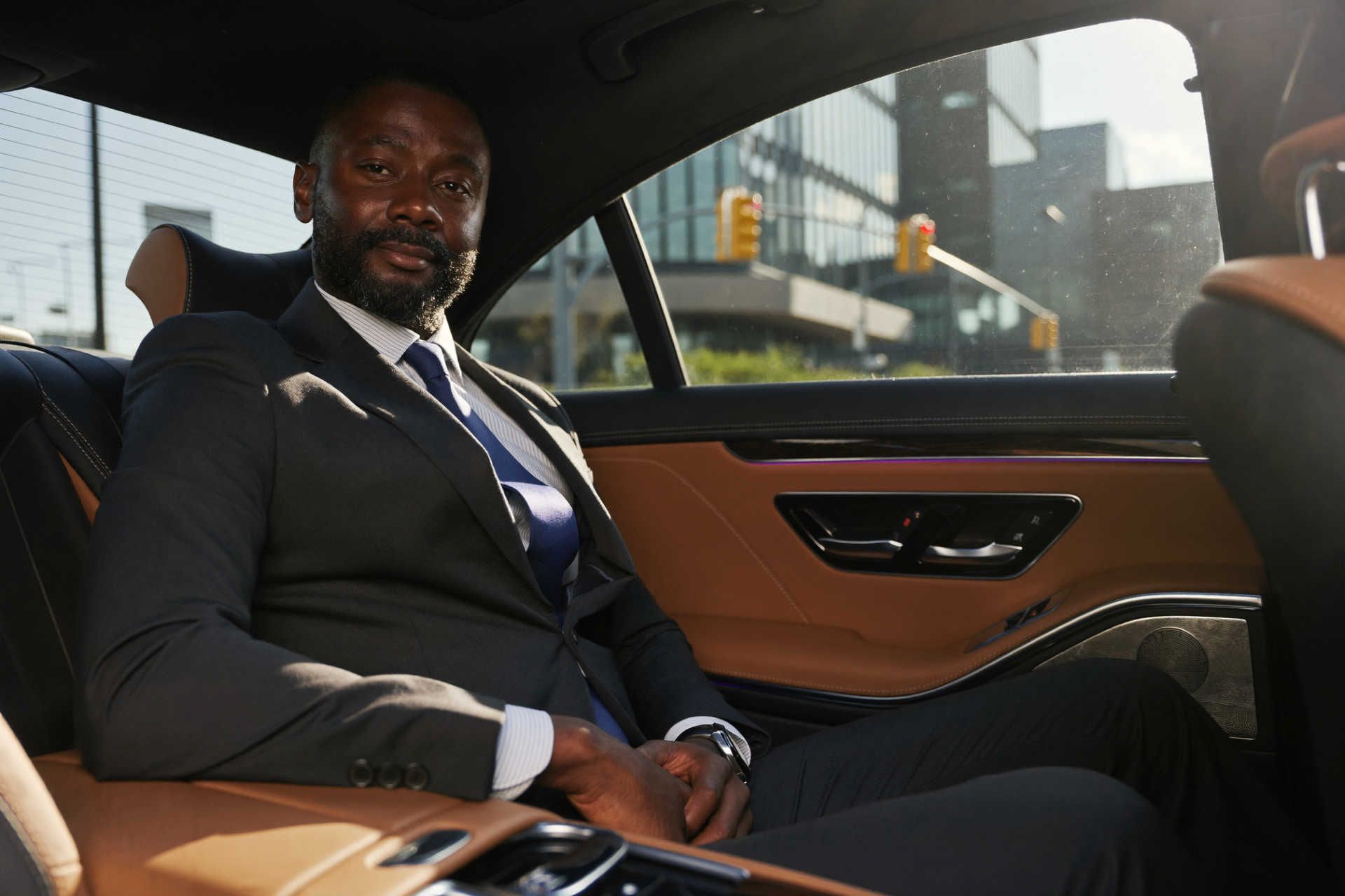 Executive passenger seated in the rear cabin of a Parkview chauffeured sedan
